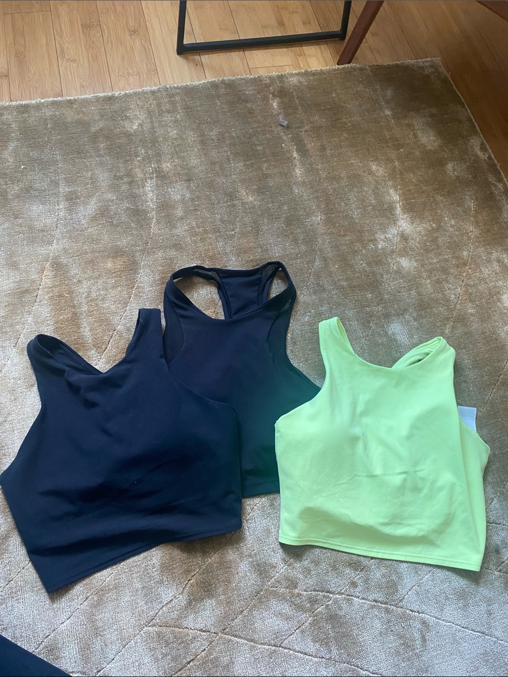Athleta set of 3 conscious Crop Sports Bras in Black, black mesh, neon green